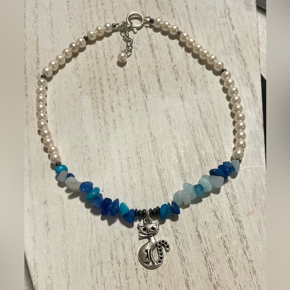 swarovski pearls beads and quartzite aqua mix chips stone choker necklace - Picture 1 of 8